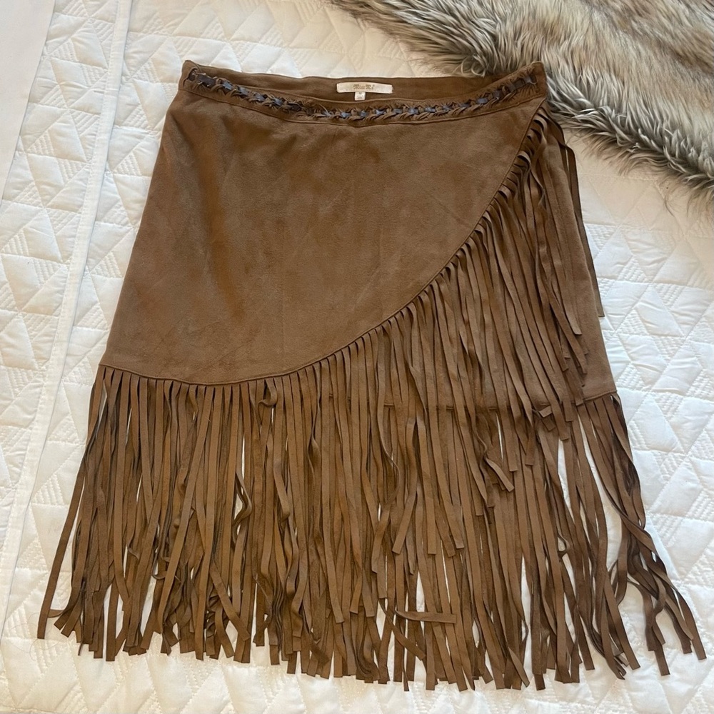 Miss Me - Brown Suede Fringe Wrap Skirt